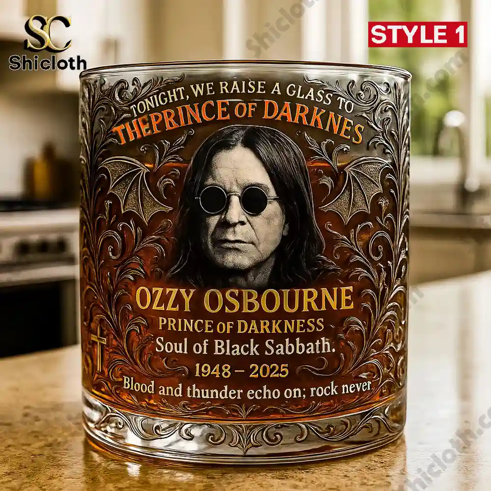 Ozzy Osbourne glass with detailed design, featuring his image and tribute text, set in a kitchen environment.