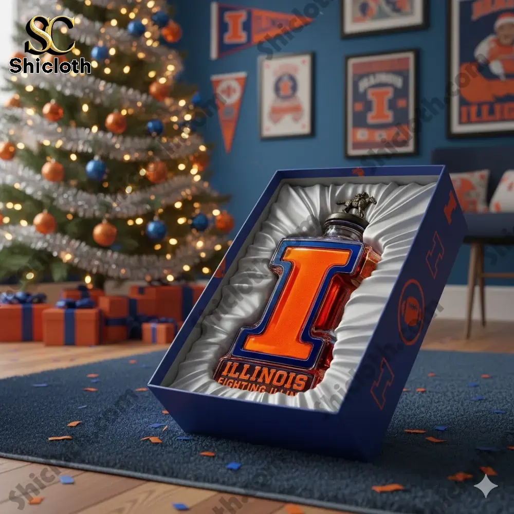A gift box displaying an Illinois I shaped bottle in a holiday room with a decorated tree.