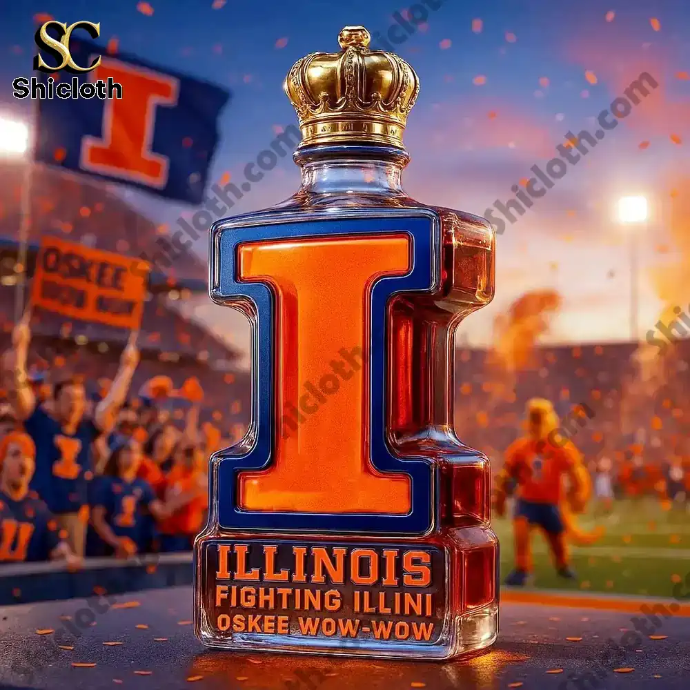 An Illinois I shaped bottle with a crown cap displayed in a lively stadium scene.