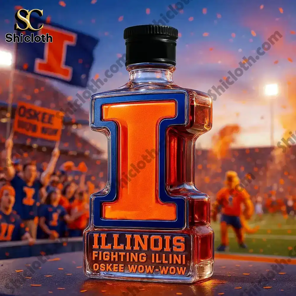 Illinois Fighting Illini Limited Edition Collector?s Christmas Gift Whiskey Bottle 3 An Illinois I shaped bottle with a black cap in a vibrant stadium environment.