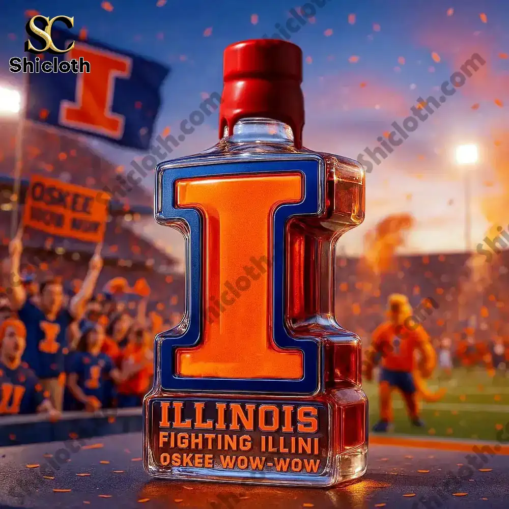 Illinois Fighting Illini Limited Edition Collector?s Christmas Gift Whiskey Bottle 4 An Illinois I shaped bottle with a red cap placed in a cheering stadium scene.