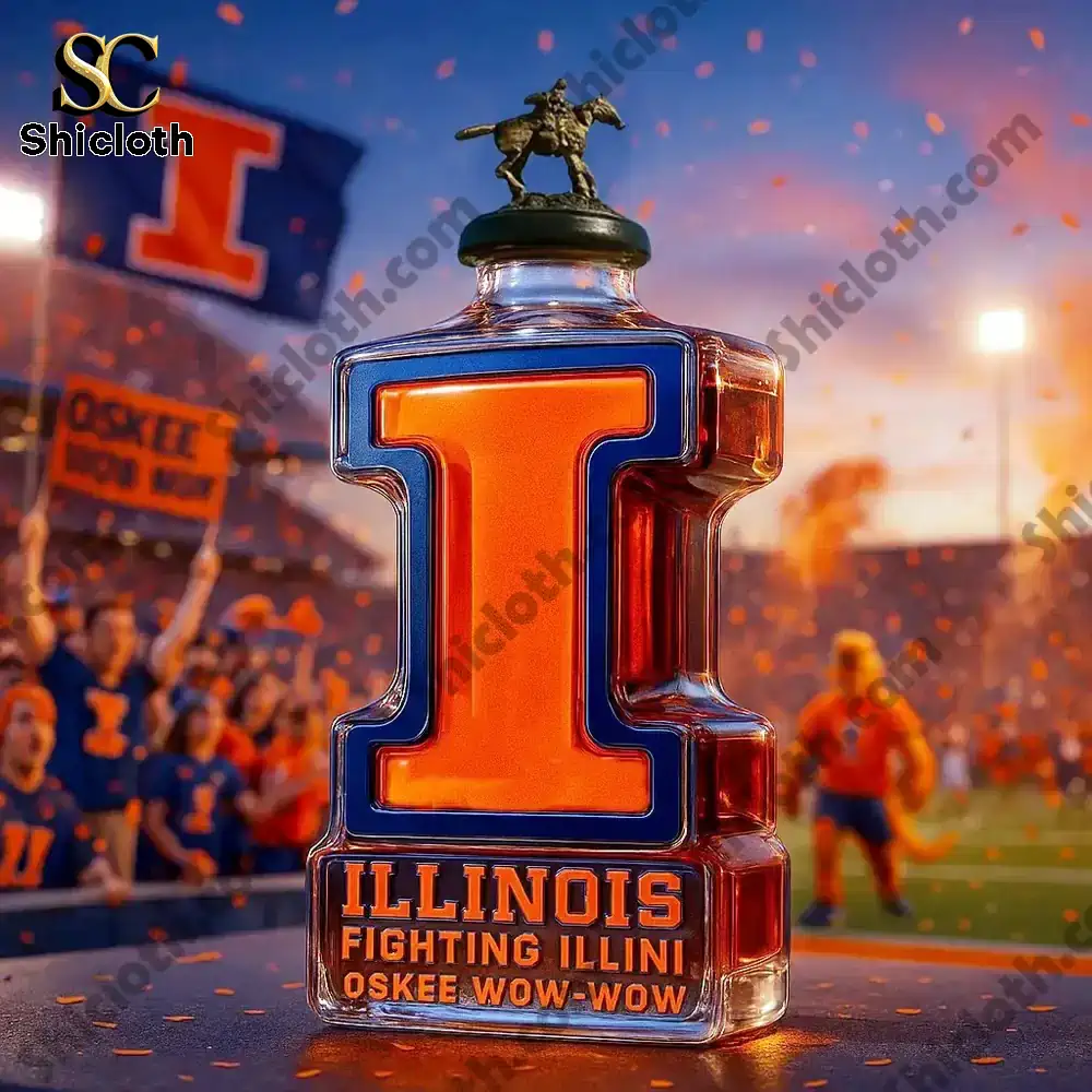 Illinois Fighting Illini Limited Edition Collector?s Christmas Gift Whiskey Bottle 5 An Illinois I shaped bottle with a small rider figurine on the cap in a stadium.