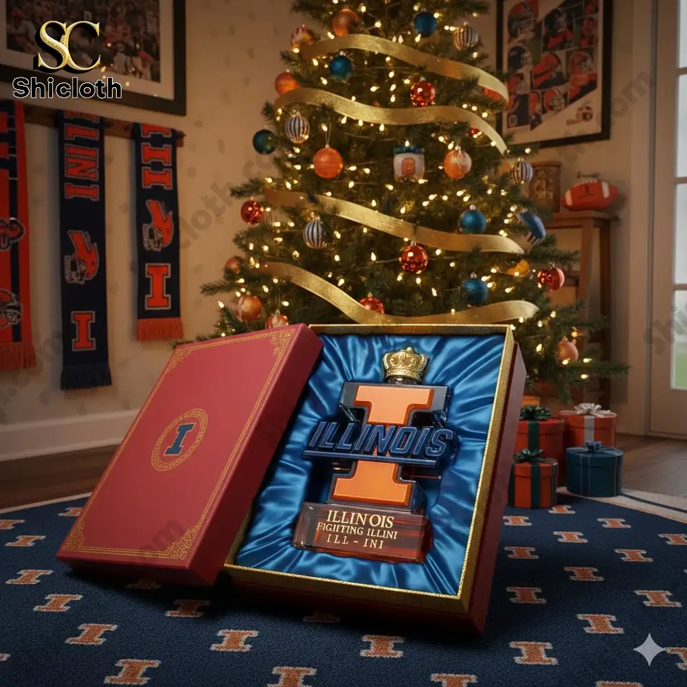 Gift box showing an Illinois themed bottle displayed in front of a decorated Christmas tree.