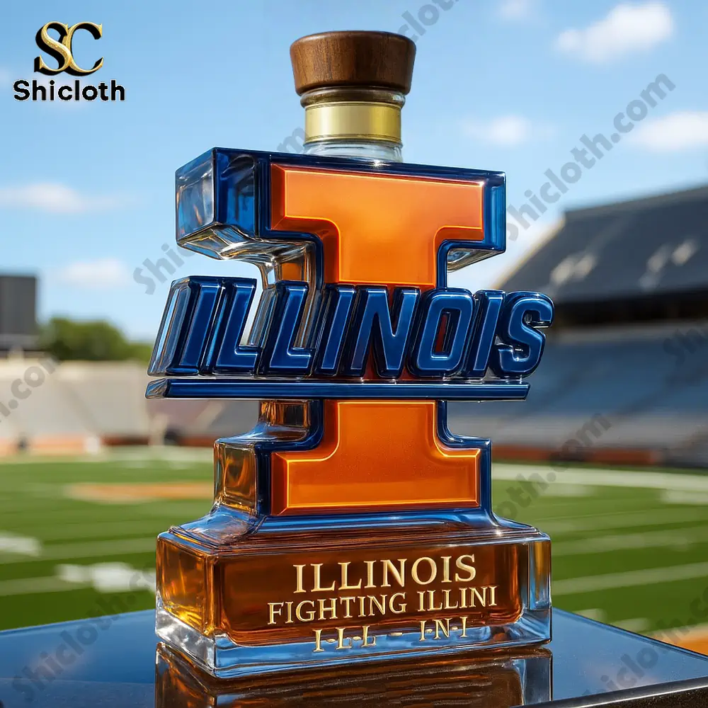 Illinois Fighting Illini Limited-Edition Christmas Gift Whiskey Bottle 3 Illinois themed bottle with a wooden cap placed at a stadium field.