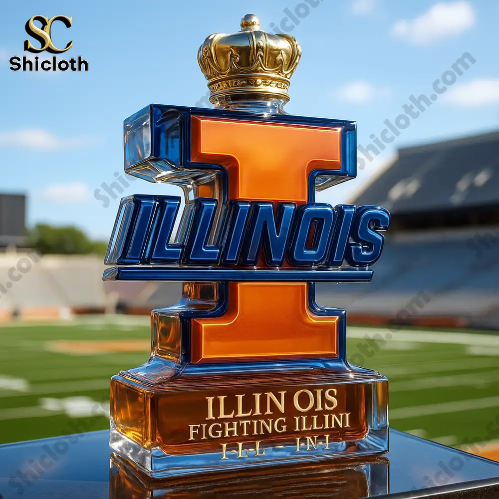 Illinois Fighting Illini Limited-Edition Christmas Gift Whiskey Bottle 4 Illinois themed bottle topped with a golden crown displayed at a stadium.