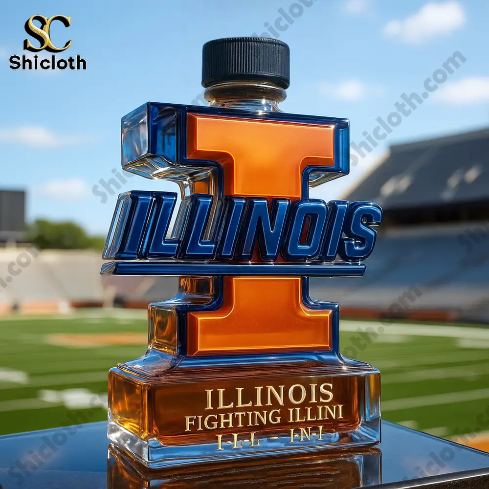 Illinois Fighting Illini Limited-Edition Christmas Gift Whiskey Bottle 5 Illinois themed bottle with a black cap at a stadium table.