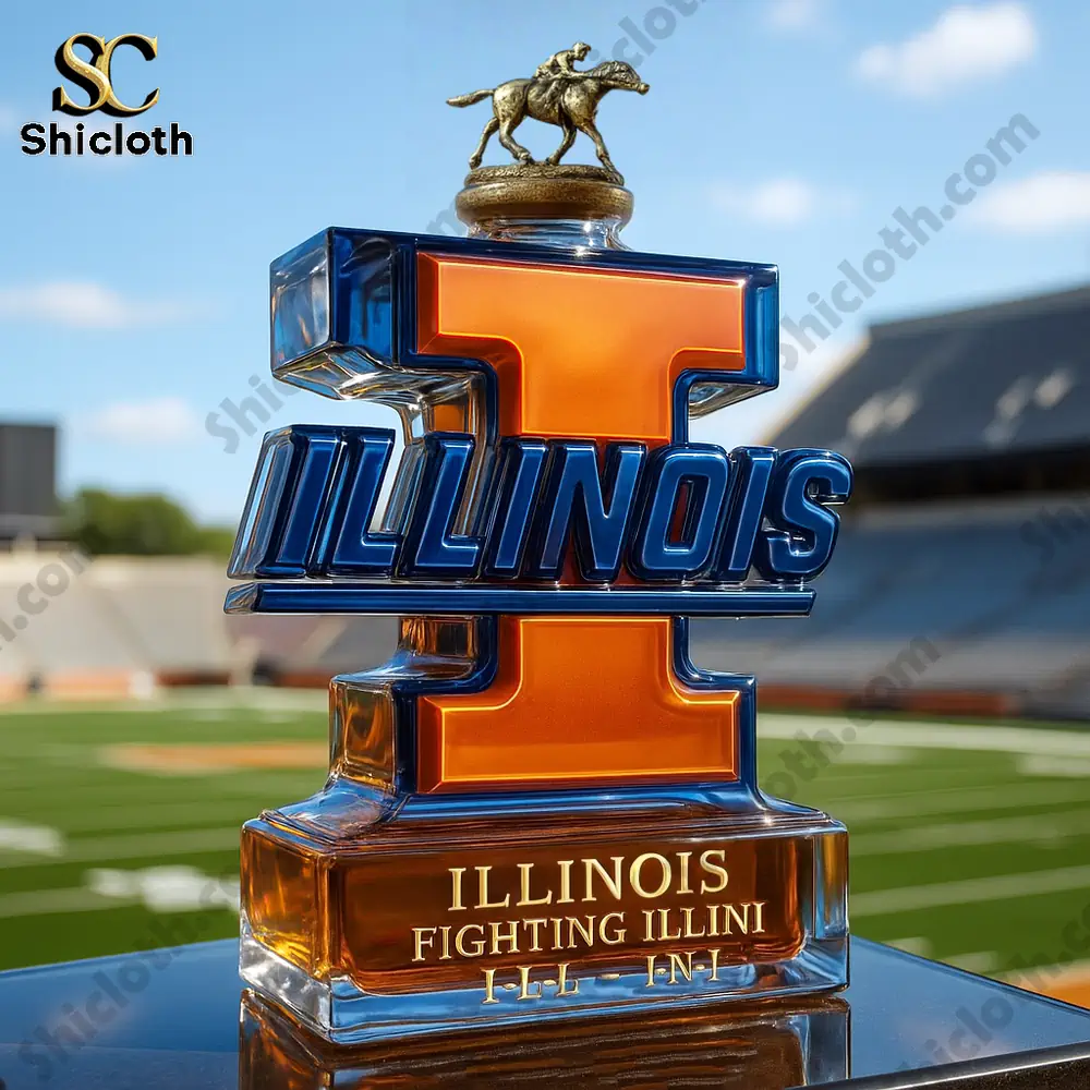 Illinois Fighting Illini Limited-Edition Christmas Gift Whiskey Bottle 6 Illinois themed bottle featuring a rider figurine topper on a stadium background.