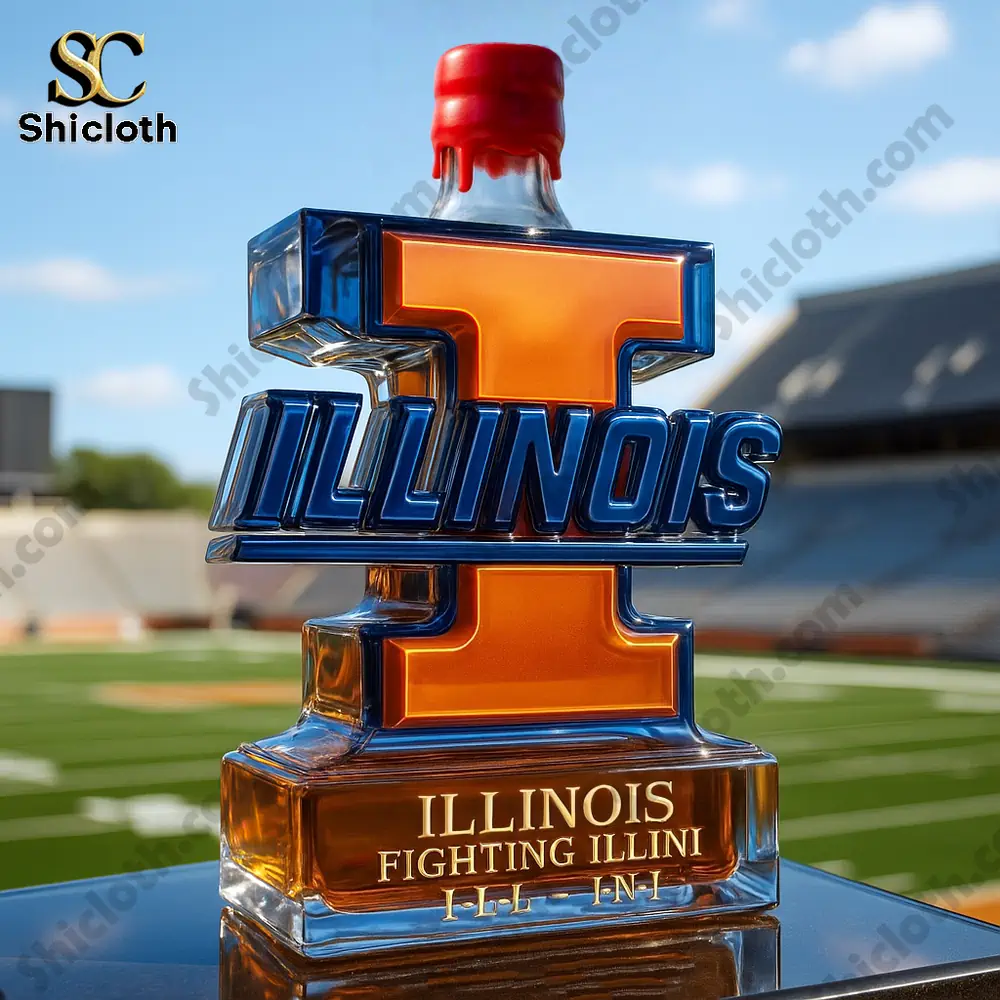 Illinois Fighting Illini Limited-Edition Christmas Gift Whiskey Bottle 7 Illinois themed bottle with a red cap displayed at a stadium.