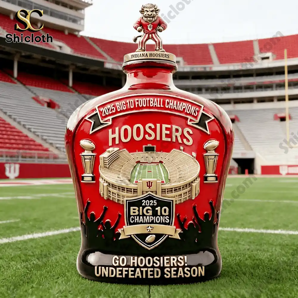 Indiana Hoosiers 2025 Big 10 Football Championship whiskey bottle with Indiana Stadium in the background.
