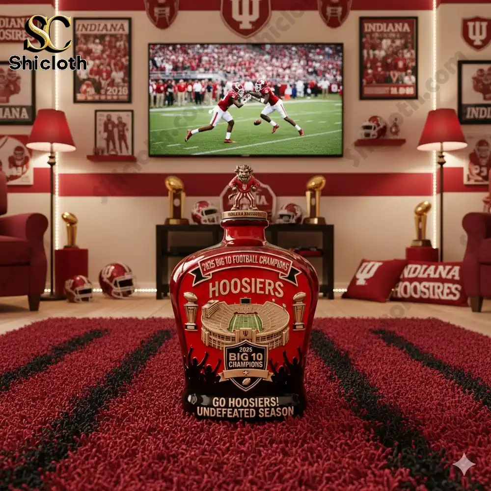 Indiana Hoosiers 2025 Big 10 Football Championship whiskey bottle displayed in a fan's Hoosiers-themed room.