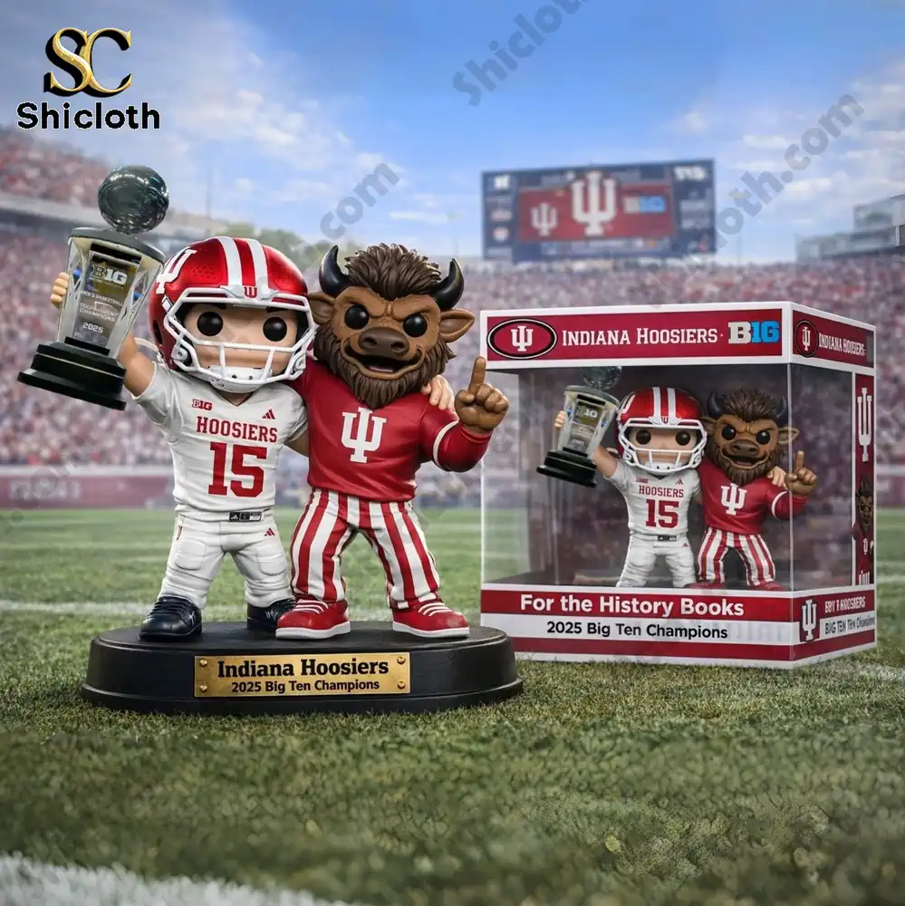 Indiana Hoosiers player and mascot celebrating championship on football field!