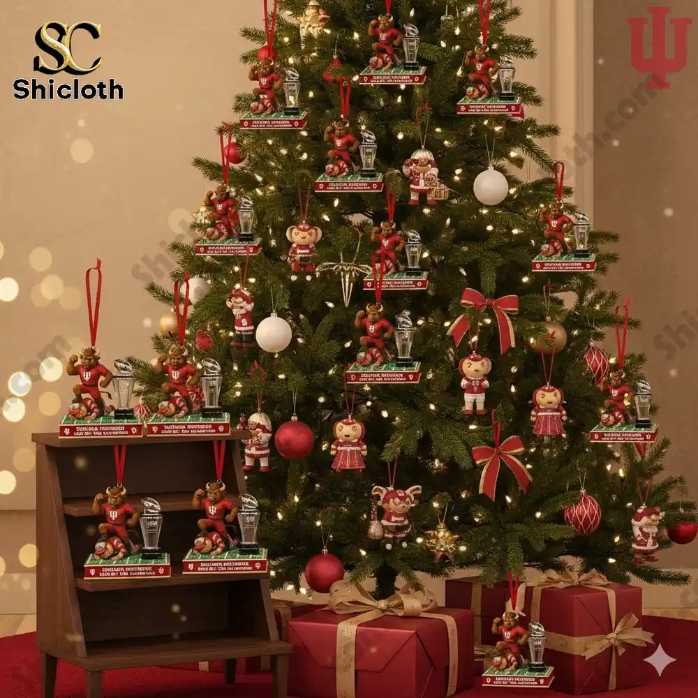 A Christmas tree decorated with Indiana themed ornaments featuring a buffalo mascot in red outfits!