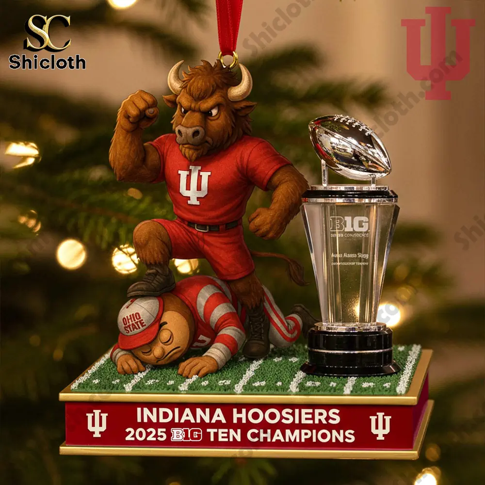 An Indiana mascot figure standing over an Ohio State character next to a championship trophy!