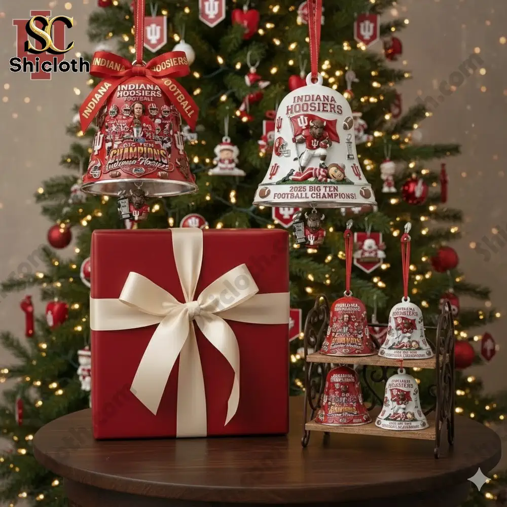 Christmas tree display with Indiana Hoosiers themed bell ornaments and a red gift box!