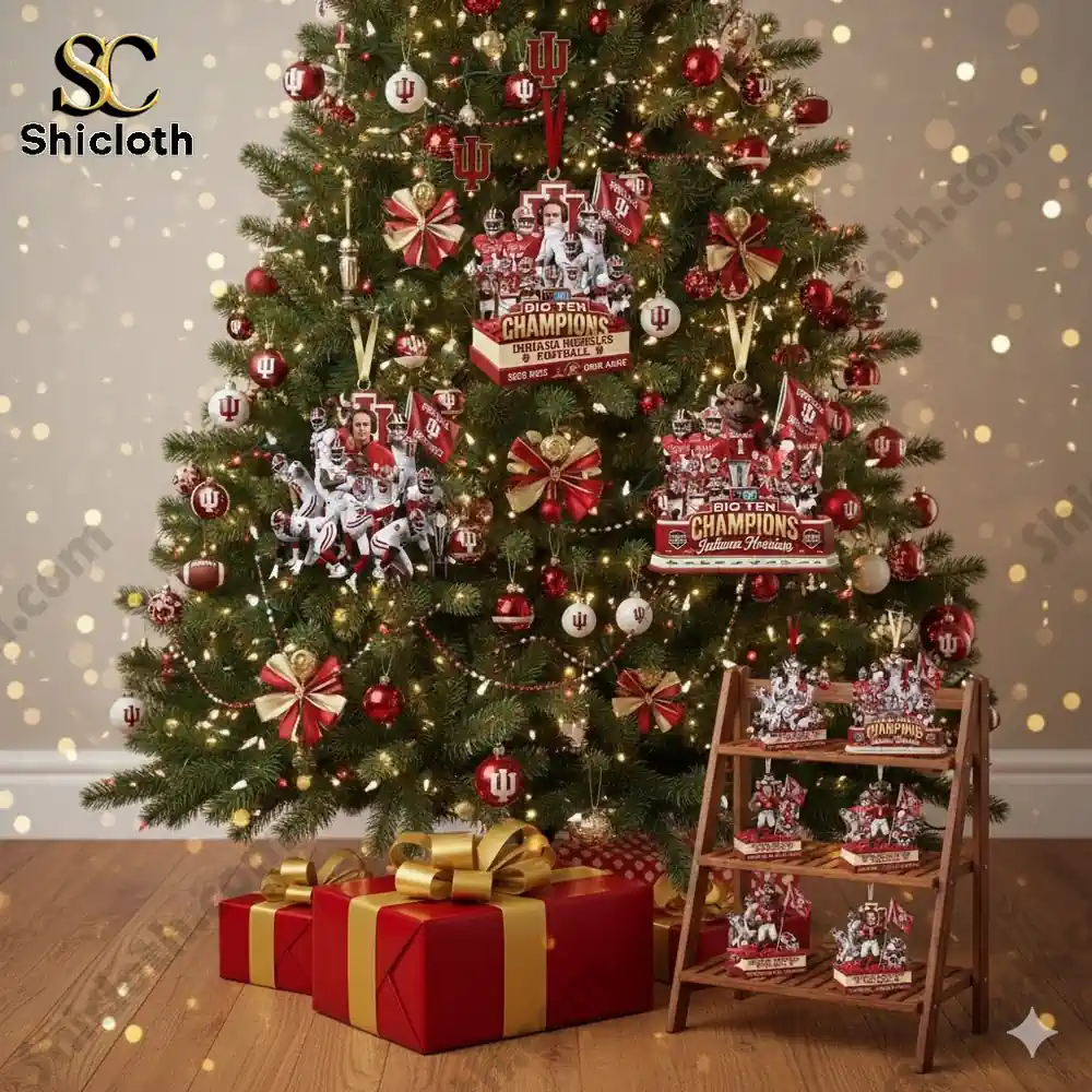 Christmas tree decorated with Indiana Hoosiers themed ornaments and gifts beneath it.