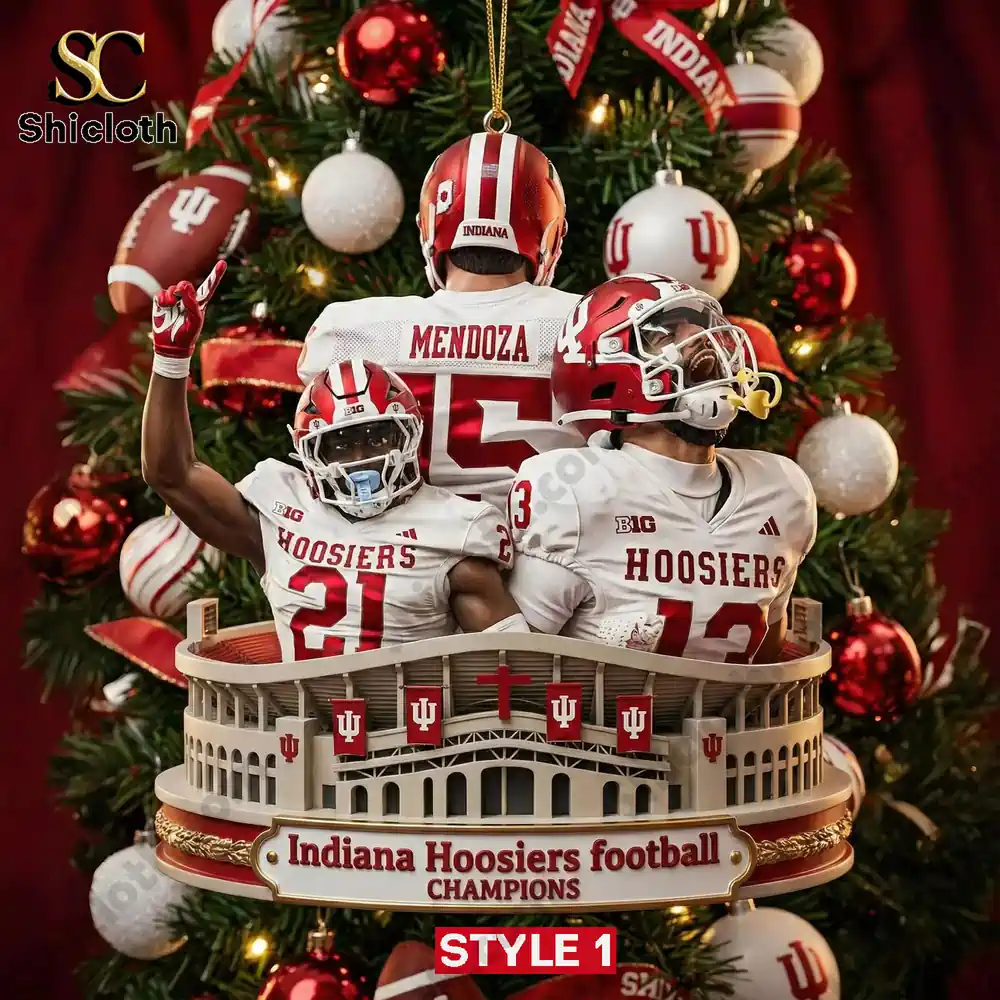 Indiana Hoosiers players featured on a detailed Christmas ornament in front of a tree.