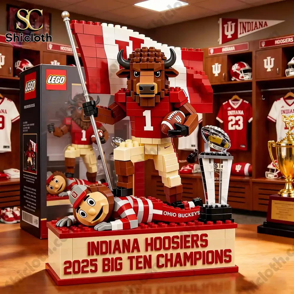Indiana Hoosiers brick style mascot holding flag and football champion display!