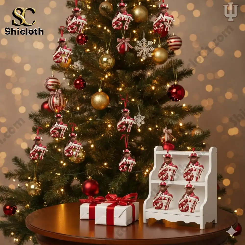 A Christmas tree decorated with character ornaments hanging among red and gold baubles!