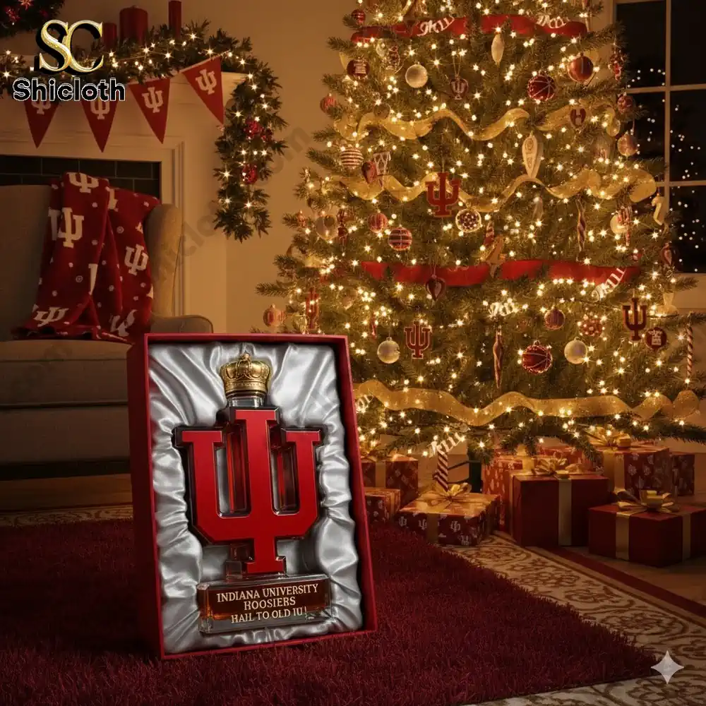 Indiana University themed whiskey bottle displayed in a festive Christmas living room.