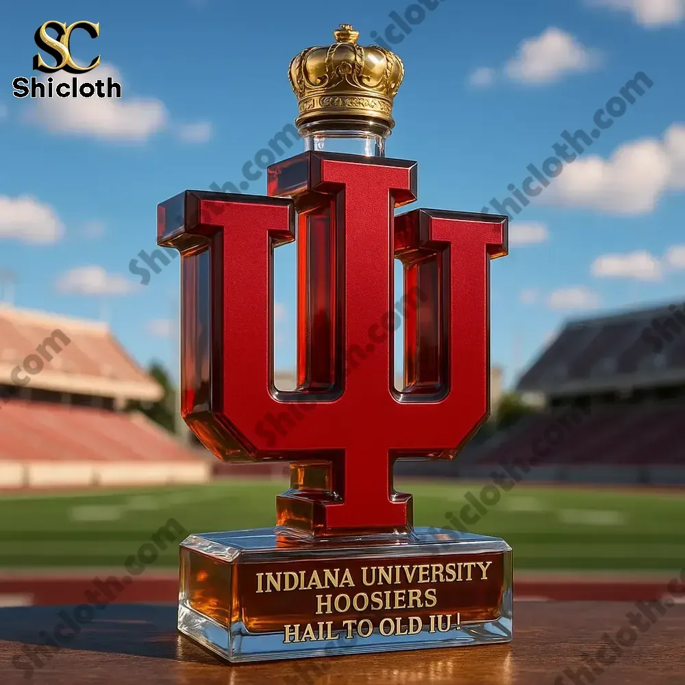 Indiana University Hoosiers Christmas Gift Whiskey Bottle Christmas Gift 3 Indiana University logo whiskey bottle with a gold crown top at a stadium.