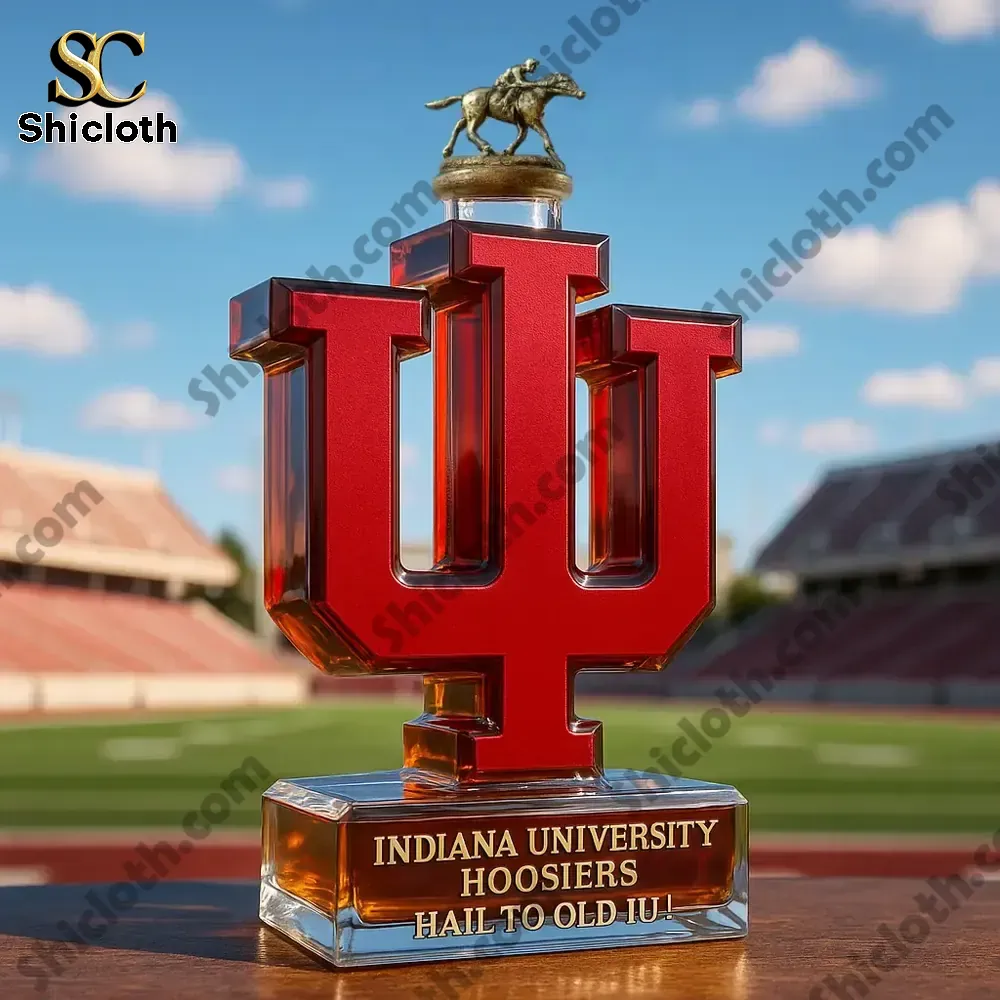 Indiana University Hoosiers Christmas Gift Whiskey Bottle Christmas Gift 5 Indiana University logo whiskey bottle with a horse figurine cap at a stadium.