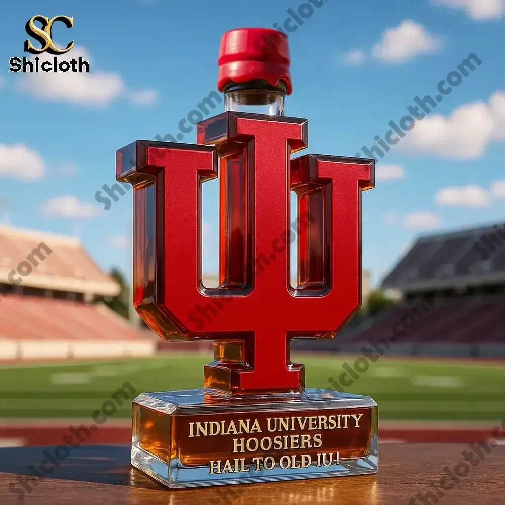 Indiana University Hoosiers Christmas Gift Whiskey Bottle Christmas Gift 6 Indiana University logo whiskey bottle with a red cap at a stadium.