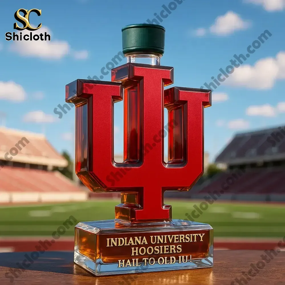 Indiana University Hoosiers Christmas Gift Whiskey Bottle Christmas Gift 7 Indiana University logo whiskey bottle with a green cap at a stadium.