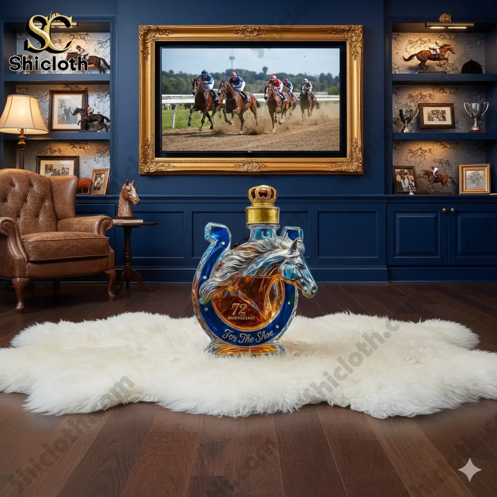 Horse shoe shaped whiskey decanter displayed in a luxury racing themed room