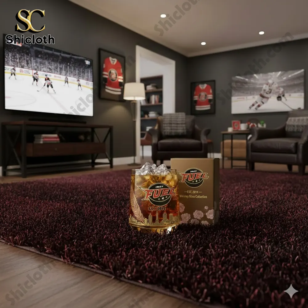 A cozy living room with a whiskey glass and a TV showing a sports game.