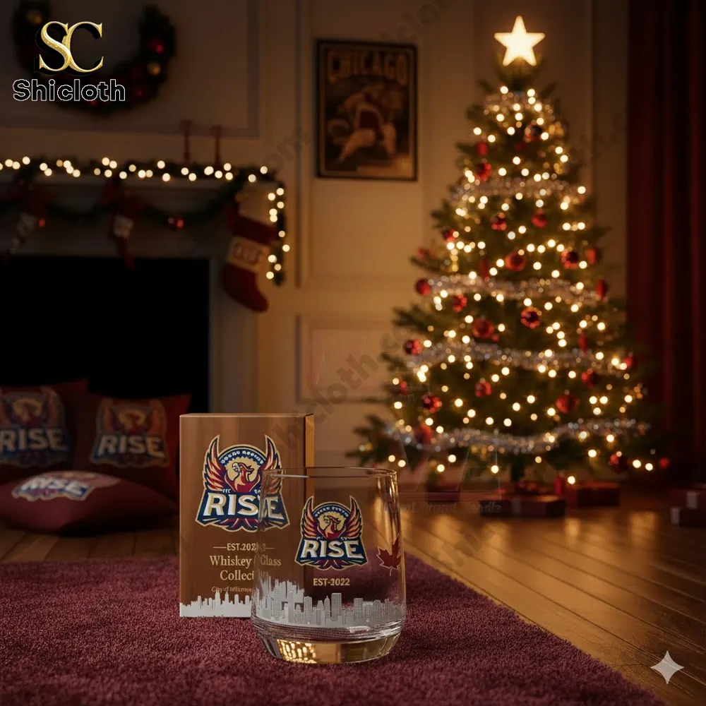 A festive living room with a Rise whiskey glass, Christmas tree, and decorations.