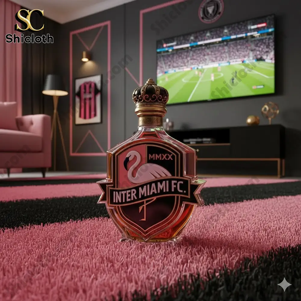 A decorative Inter Miami FC bottle placed on a pink and black rug in a soccer themed living room!