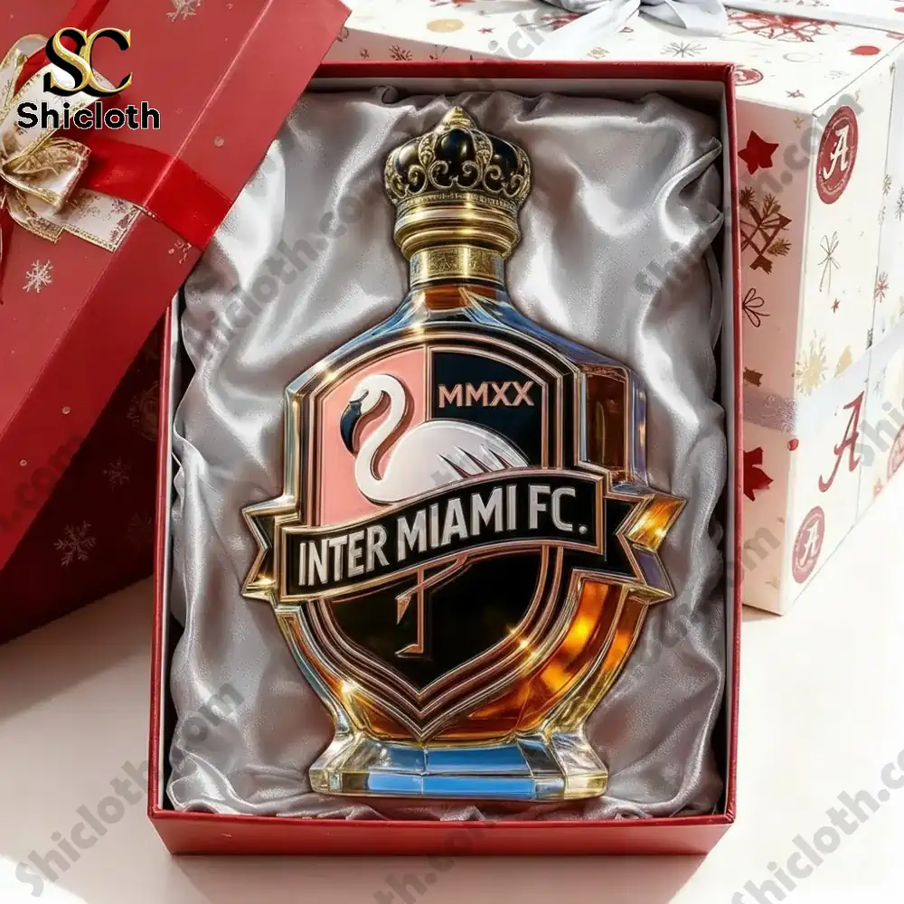 A decorative Inter Miami FC bottle presented in a gift box with silky lining!
