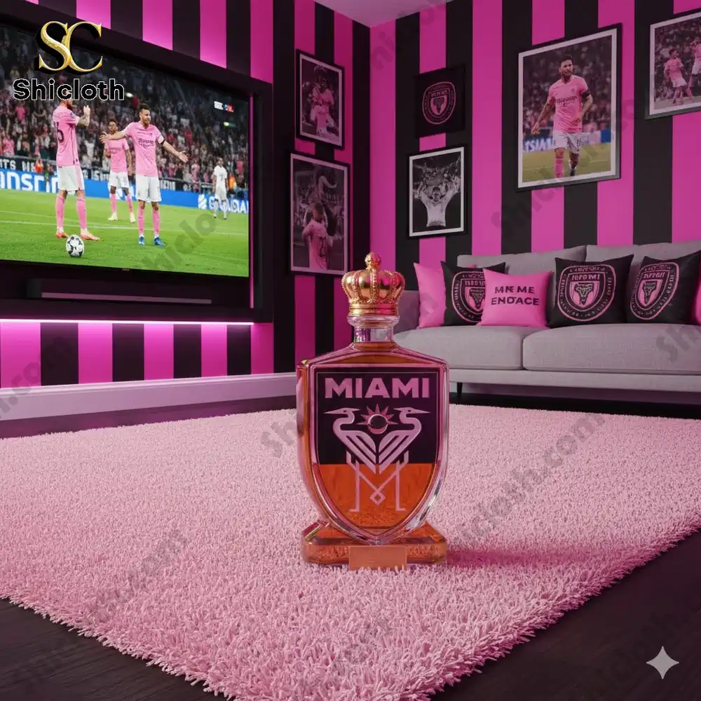 A whiskey bottle with "MIAMI" text and a special logo, placed in a room decorated with pink and black striped walls and Inter Miami soccer memorabilia.