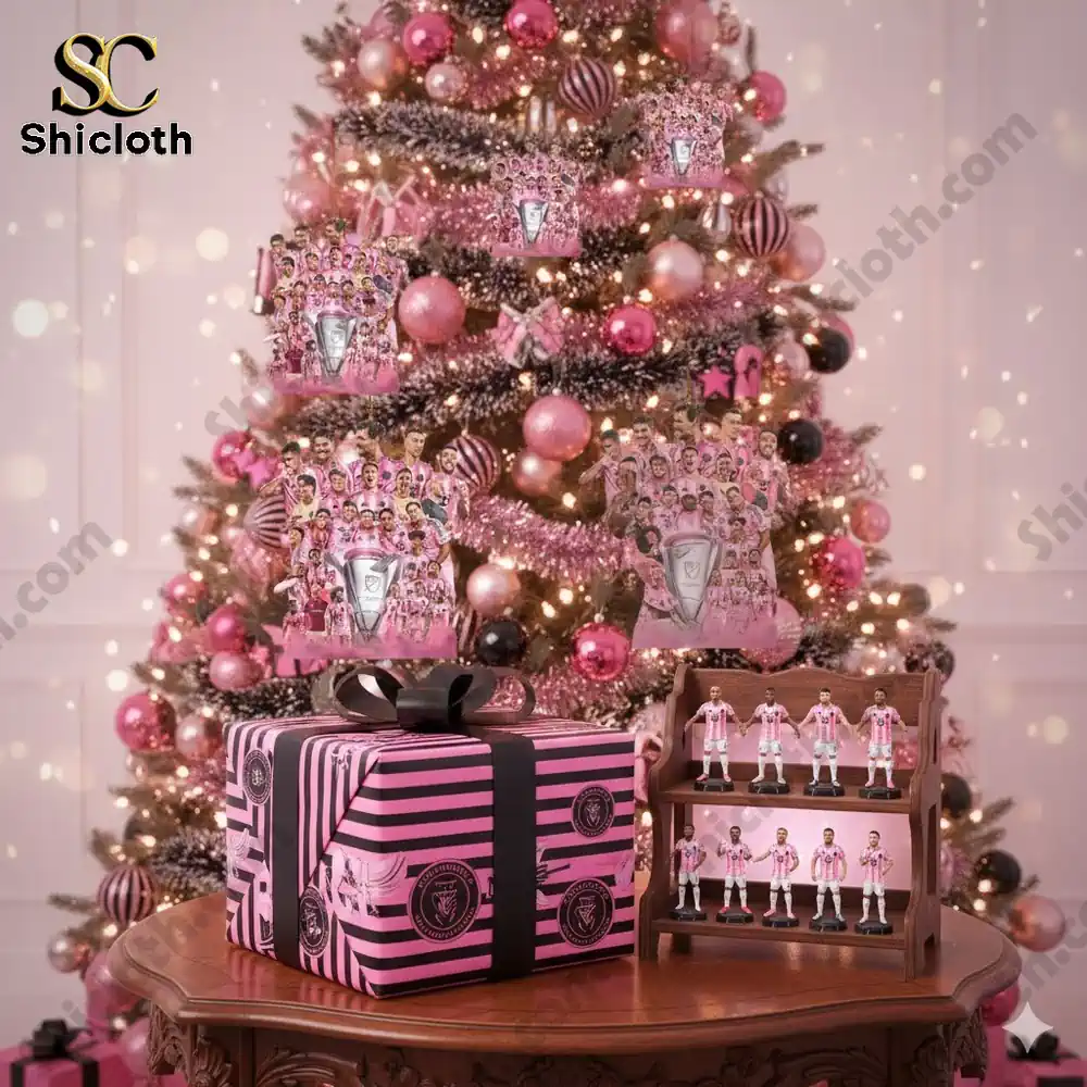 Pink Christmas tree decorated with soccer themed ornaments and gift boxes featuring a team design!