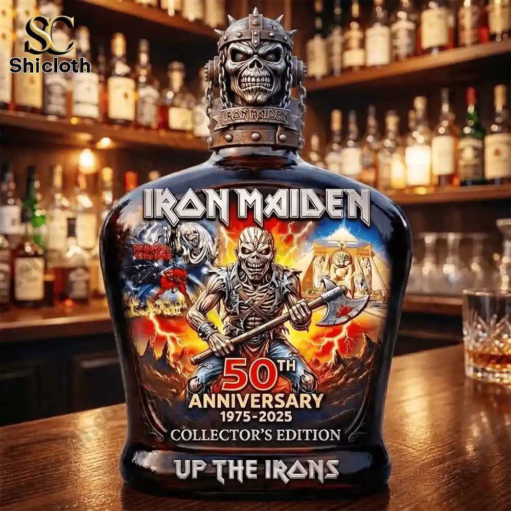 Demogorgon Sculpted Whiskey Glass 92 Iron Maiden 50th anniversary whiskey decanter on wooden bar counter