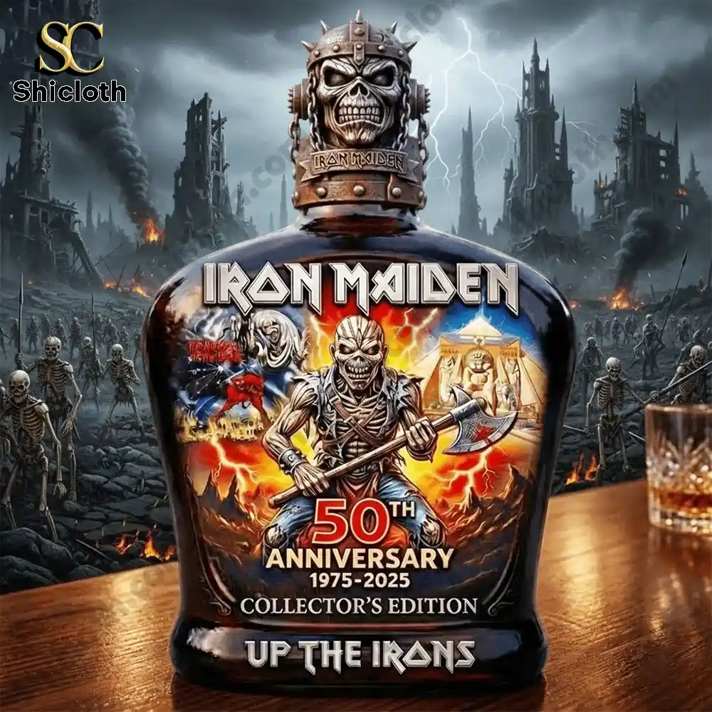 Iron Maiden 50th anniversary whiskey decanter with dark apocalyptic background