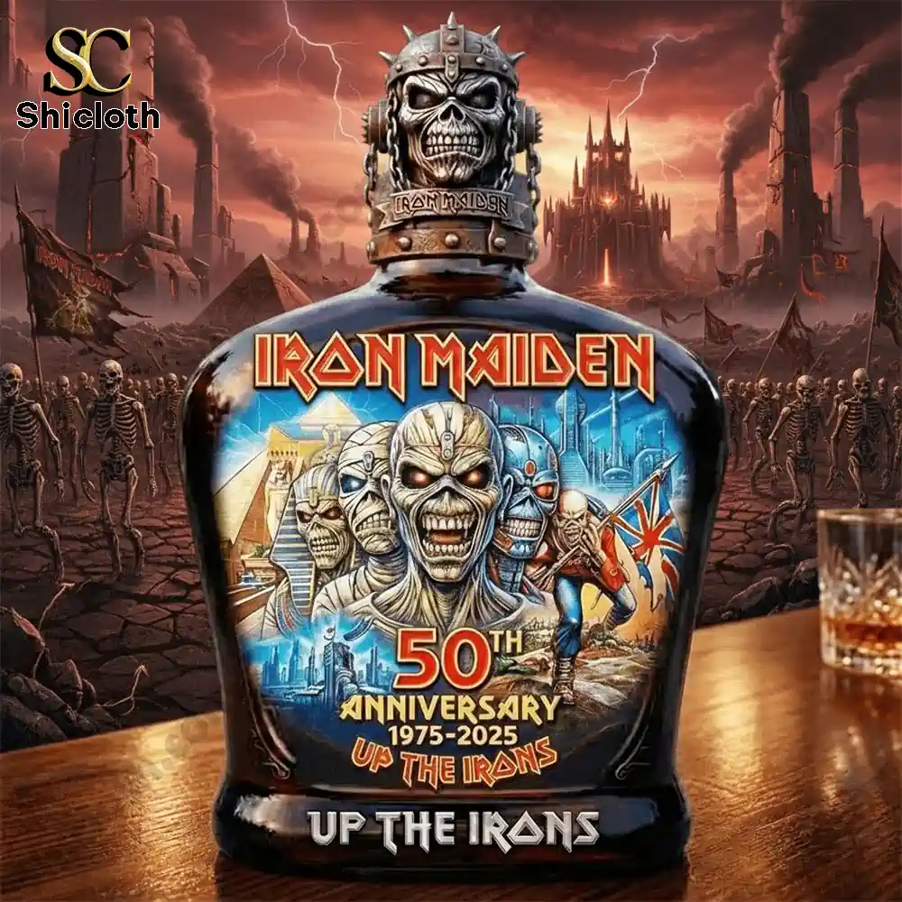 Demogorgon Sculpted Whiskey Glass 90 Iron Maiden 50th anniversary whiskey decanter with fiery background