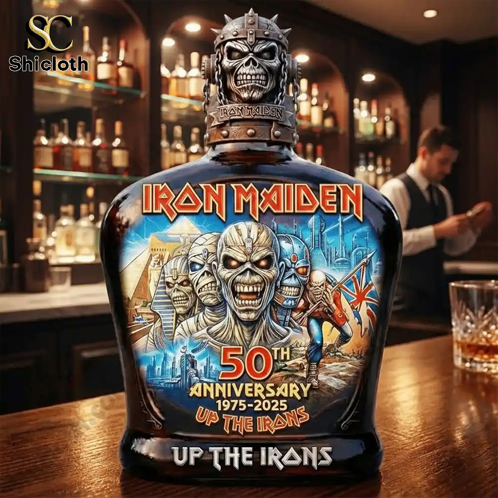 Iron Maiden Eddie themed 50th anniversary whiskey decanter on bar