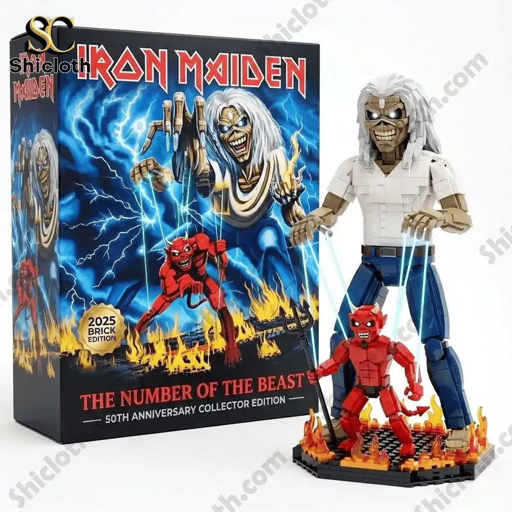 A brick style figure of a skeletal man controlling a small red devil on a fiery base!