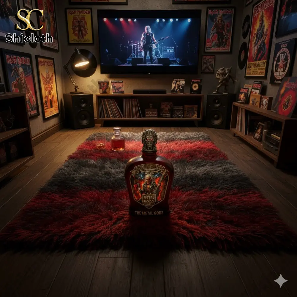 Iron Maiden 50th Anniversary The Metal Gods whiskey bottle displayed in a fan room decorated with Iron Maiden posters and memorabilia.