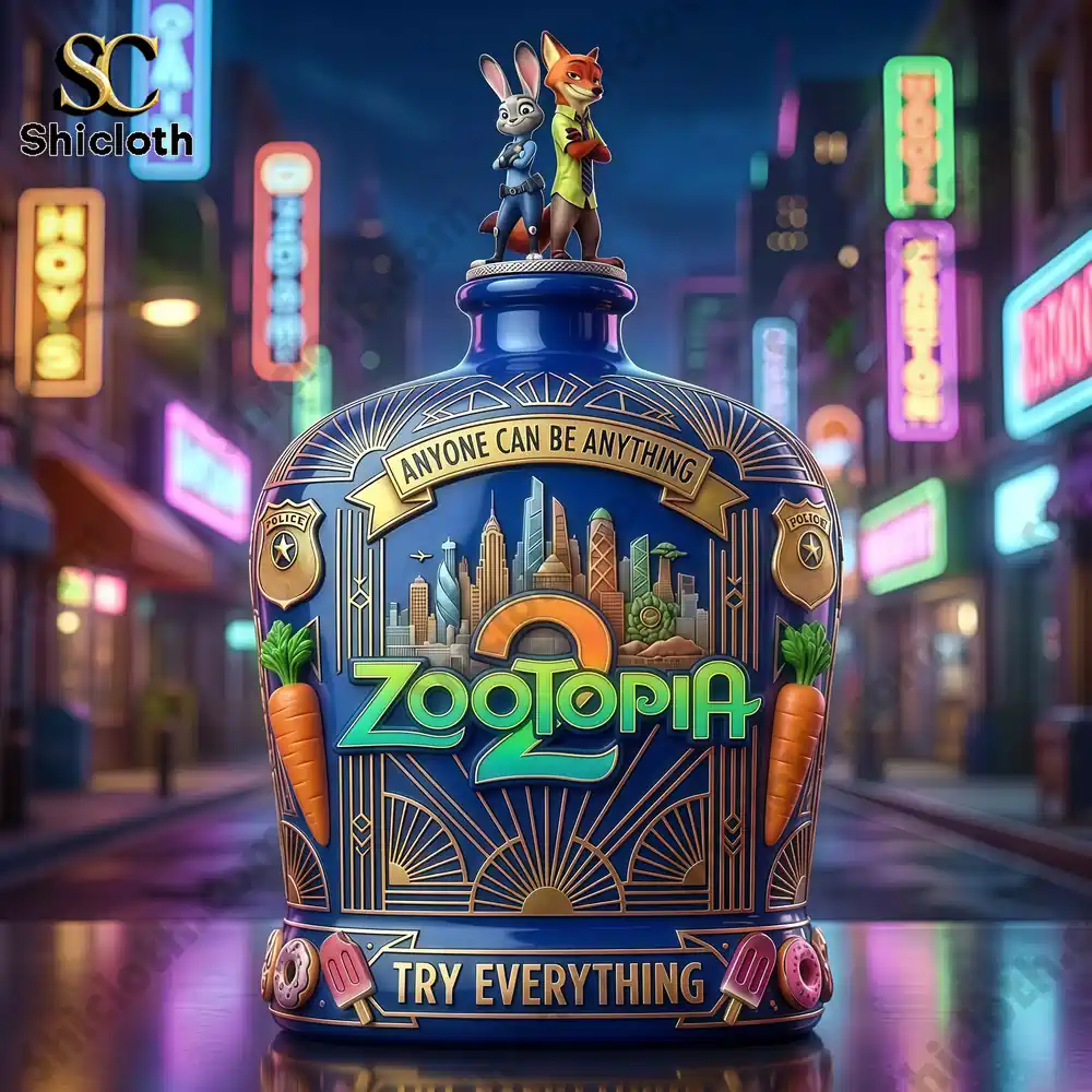 Zootopia themed decorative jar with rabbit and fox figures on top in neon city scene!