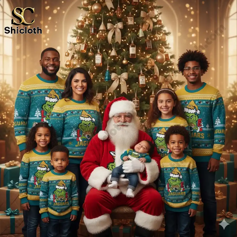 Jacksonville Jaguars The Grinch wearing a Santa Claus hat Ugly Christmas Sweaters