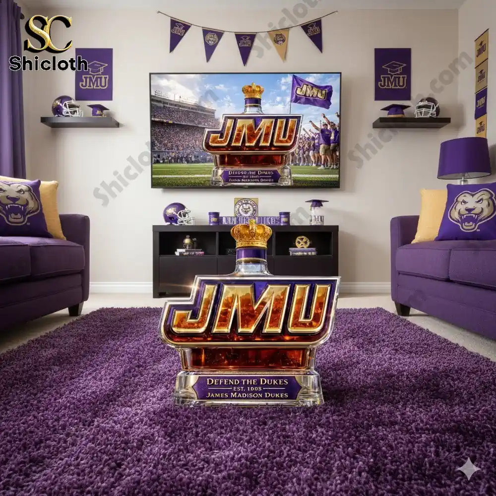A JMU logo bottle in a living room decorated with JMU colors and memorabilia.