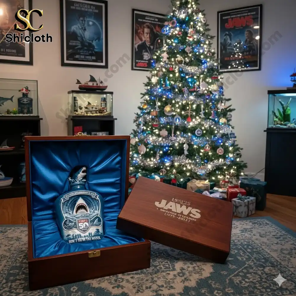 Jaws 50th Anniversary commemorative whiskey bottle in a wooden box, placed near a Christmas tree with festive decorations.