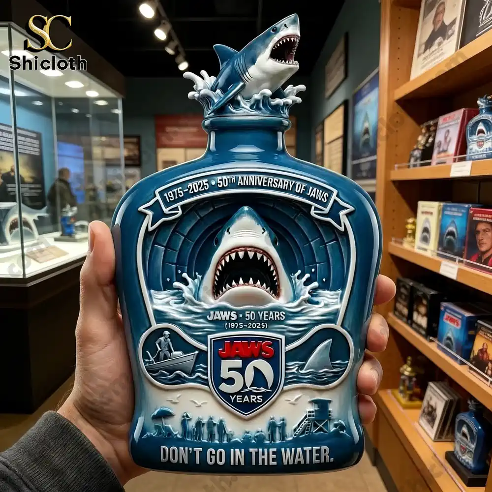 Jaws 50th Anniversary commemorative whiskey bottle on display in a museum setting, featuring a shark design and anniversary logo.