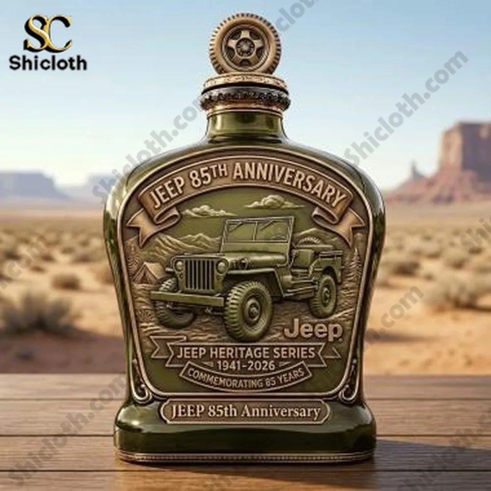 Demogorgon Sculpted Whiskey Glass 152 Jeep anniversary heritage bottle on wooden table in desert scene!