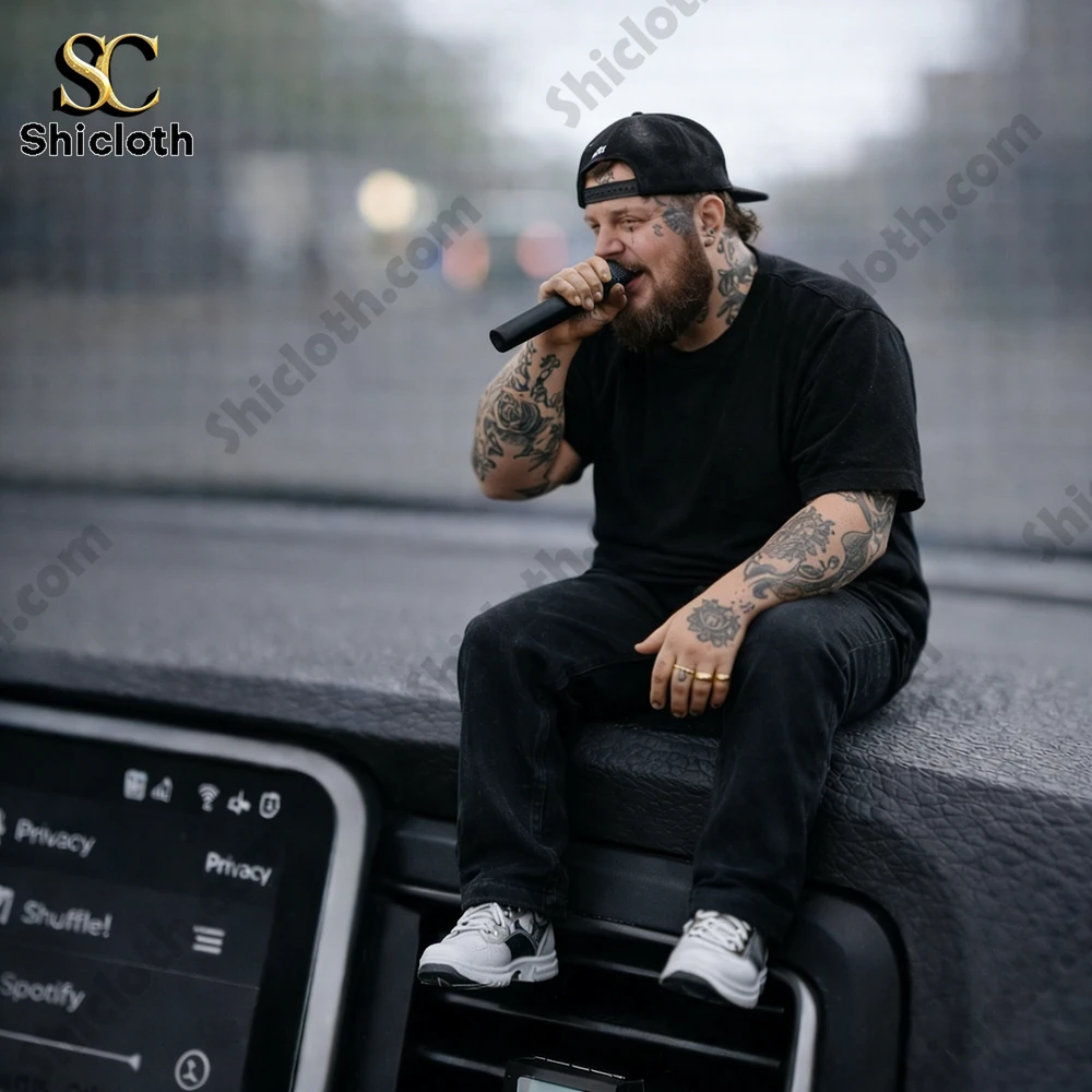 Tattooed man holding microphone sitting on car dashboard!