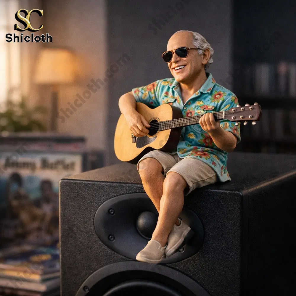Smiling guitarist figurine playing acoustic guitar on speaker!