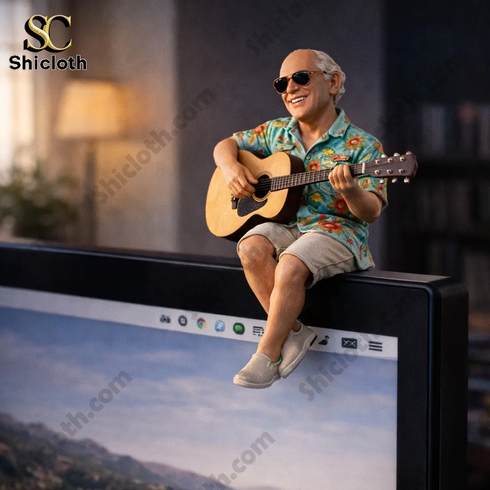 Tropical guitarist figurine playing guitar on monitor edge!