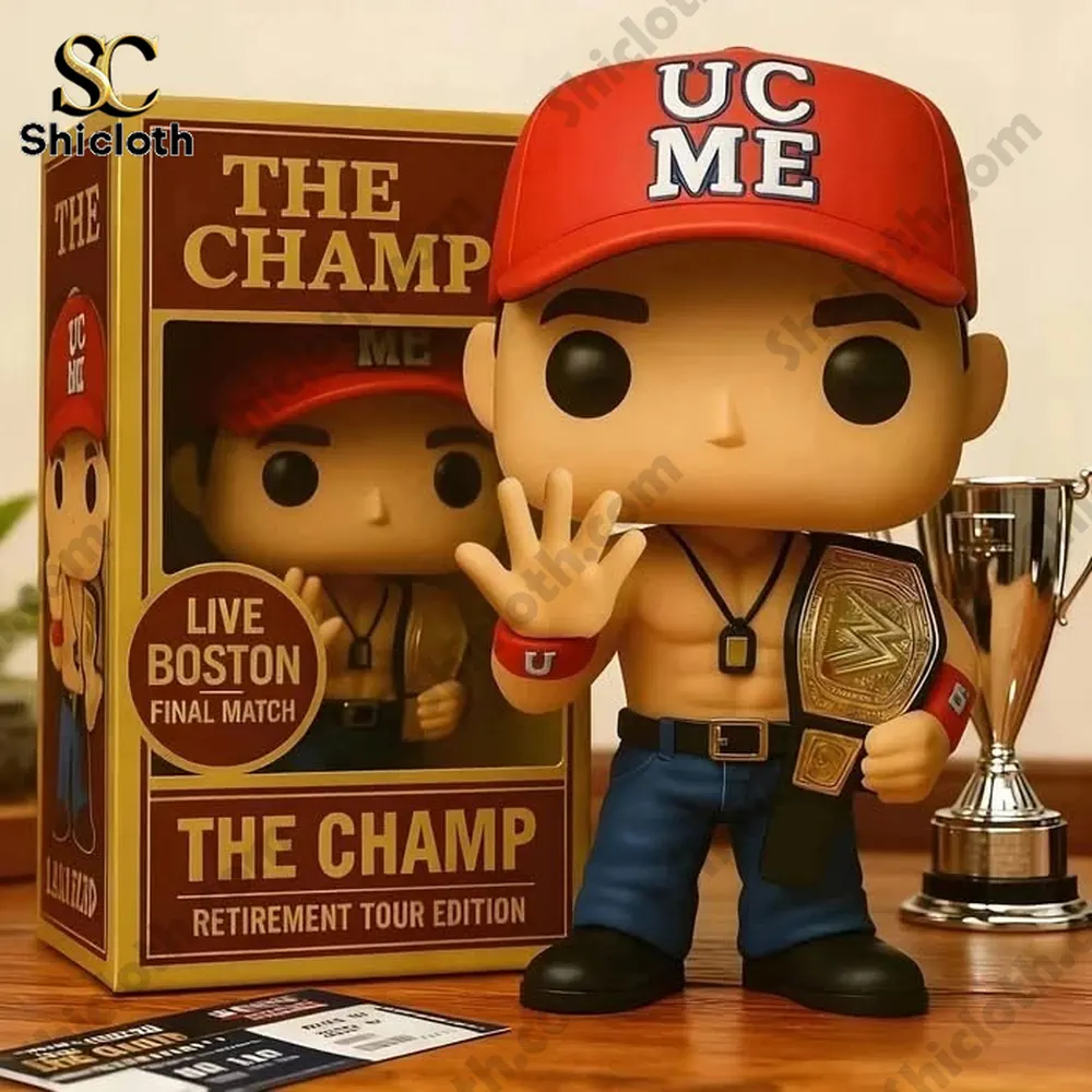 John Cena champion figure with red cap and title belt on display!